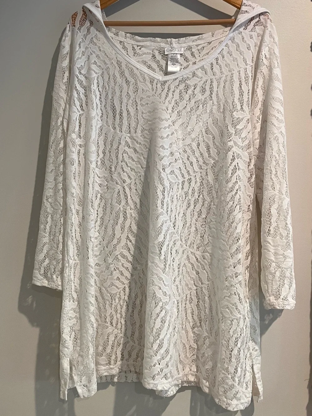Dotti White Lace Semi Sheer Cover Up XL Tunic Dress Hooded Long Sleeves